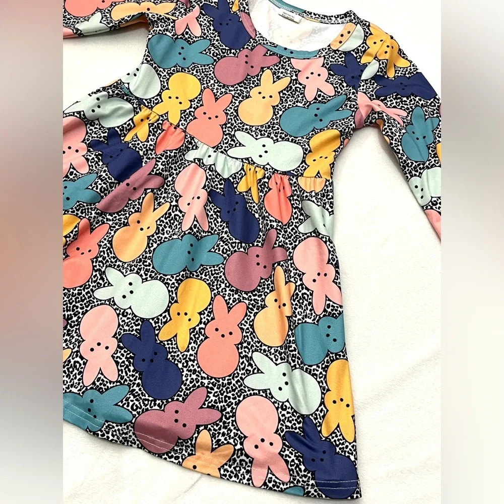 Bunny Peeps Colorful Print Kids Long Sleeve Cotton Blend Dress Size 4T - Picture 2 of 12